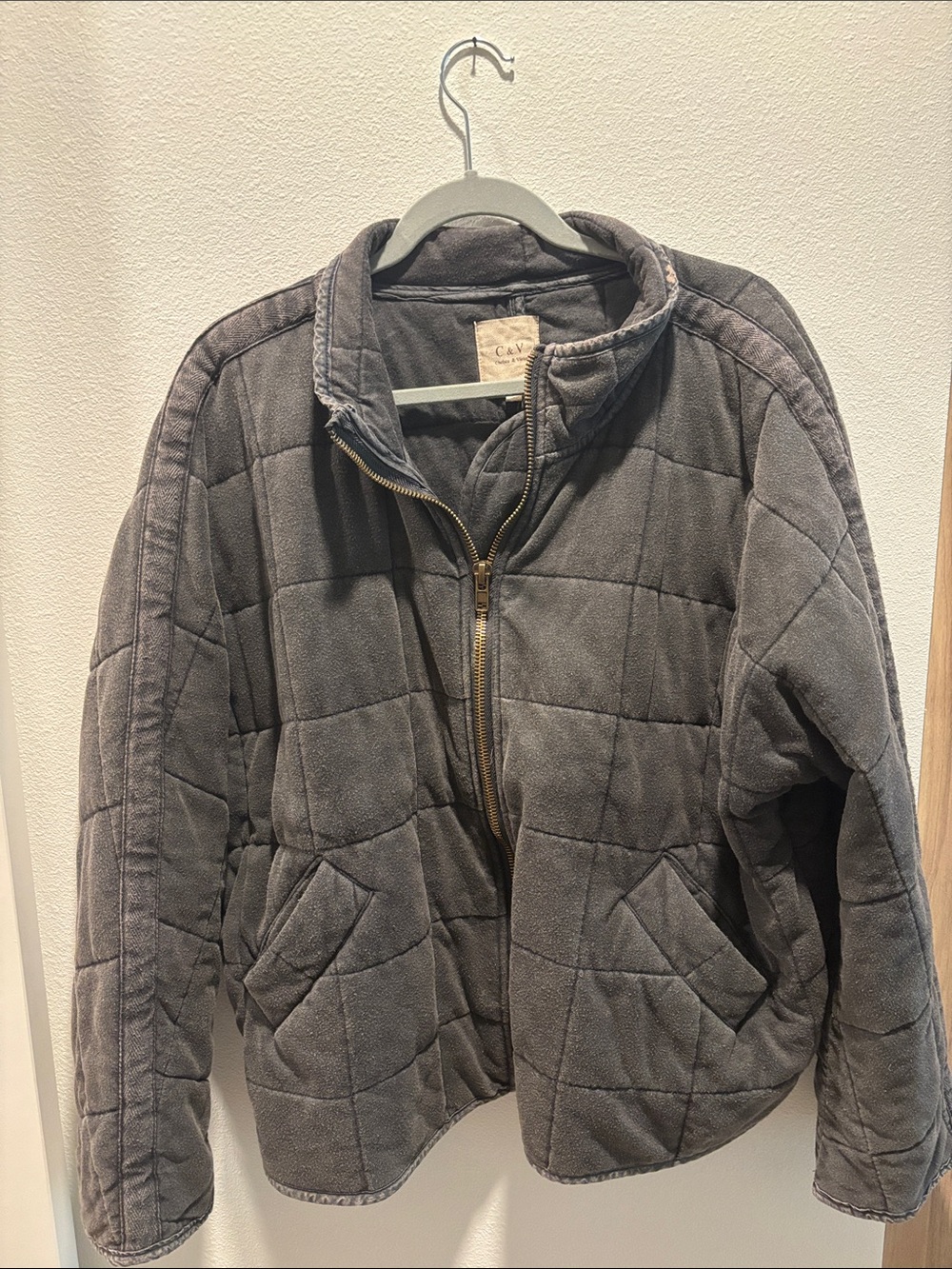 Oversized Quilted Gray Zip Front Jacket